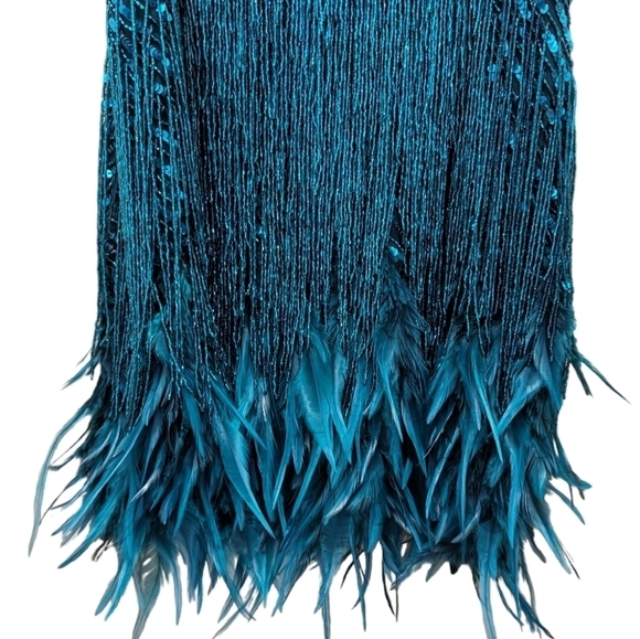 NWT Nadine Merabi Lottie Teal Blue Beaded Feather Mini Dress Sz Small/4 - Picture 5 of 16